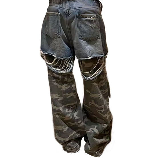 RAW NØISE PATCHWORK CAMO RIPPED BAGGY PANTS