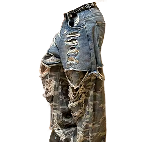 RAW NØISE PATCHWORK CAMO RIPPED BAGGY PANTS